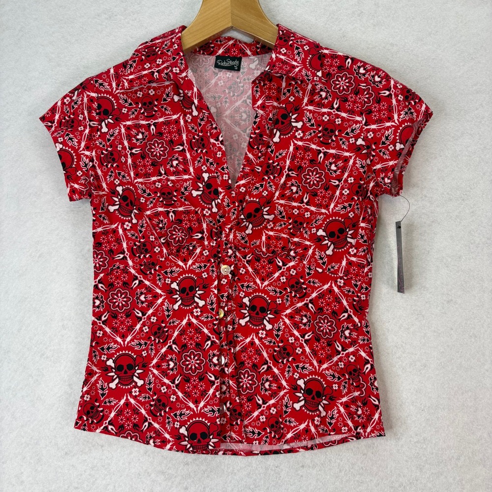 RockSteady Red Skull Bandana Print Button Up Top Womens L Rockabilly Punk Biker